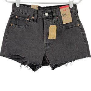 Levi's 501 Women's Frayed Hem Button Fly High Rise Black Denim Shorts Sz‎ 26 NWT